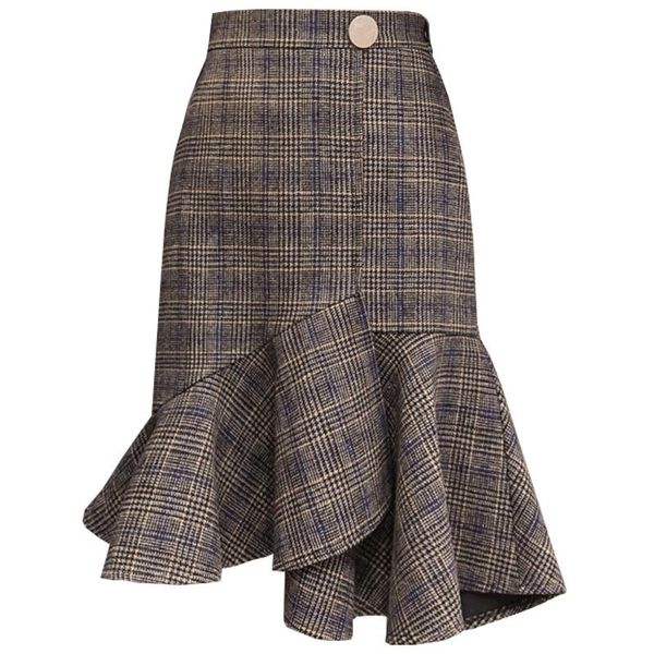 

skirts autumn ladies office wool skirt irregular plaid midi fishtail women ol hip package ruffles woolen, Black