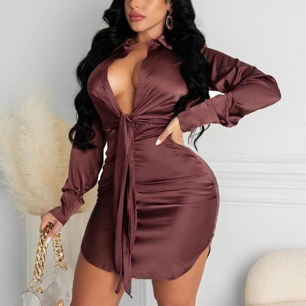 

casual dresses elegant tie up front shirts dress silk satin office lady long sleeve lapel deep v ruched mini pencil party vestido, Black;gray