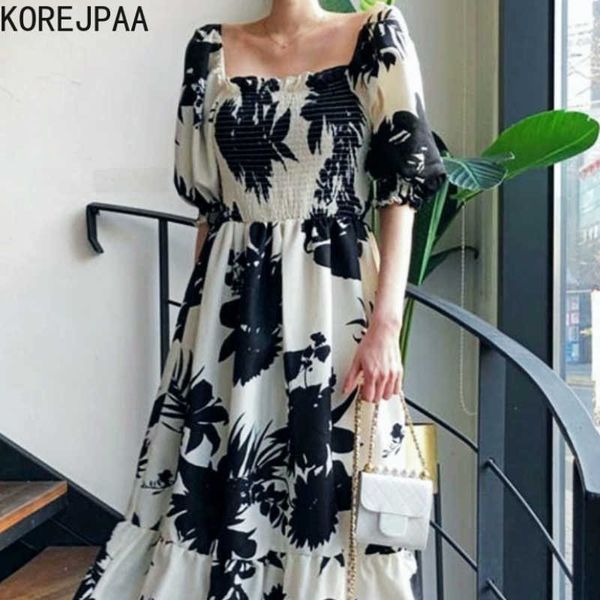 

korejpaa women dress summer korean fashion chic retro temperament square collar pleated black and white floral long dresses 210526, Black;gray