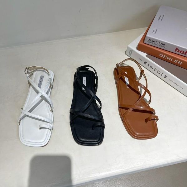 

sandals concise clip toe gladiator women summer beach shoes woman flat square sandales ins cross narrow band sandalias femme, Black