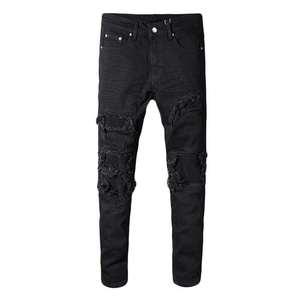

men's jeans gzdeerax men luxury black patchwork stretch denim biker for motorcycle slim fit skinny ripped pencil pants 40, Blue