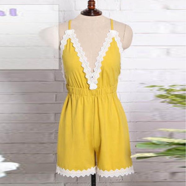 

women's jumpsuits & rompers summer women ladies camisole lace backless solid beach shorts jumpsuit playsuits w422, Black;white