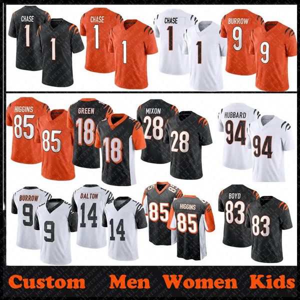 

1 jamarr chase custom men women kids football jersey 9 joe burrow & burreaux 28 mixon 85 tee higgins 83 tyler boyd 30 jessie bates iii 94 sa, Black;red