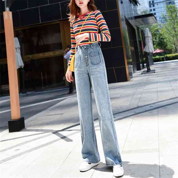 

vintage fashion jeans women pants high waist button pocket wide leg trouser full length blue denim retro outfits ladies 210601, Black;white