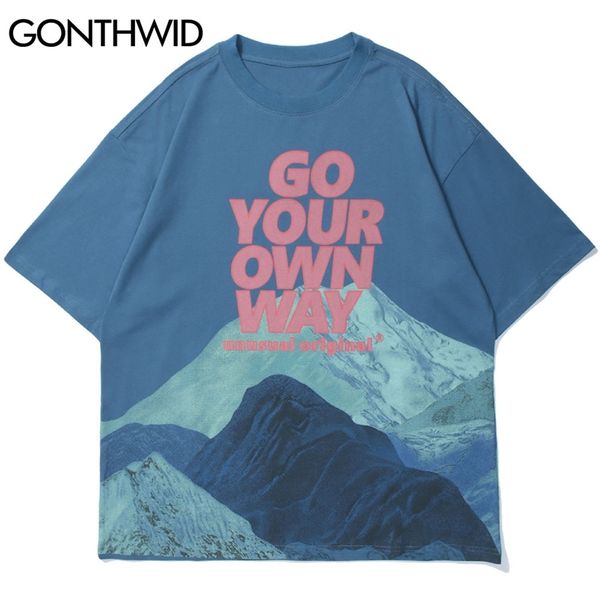 

tshirts streetwear snow mountain go your own way print tees shirts hip hop harajuku short sleeve casual cotton tee 210602, White;black