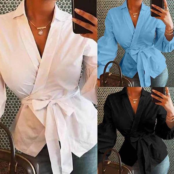 

lantern sleeve women's summer blouse 2021 fashion solid colour v-neck single-breasted long shirt blouses & shirts, White