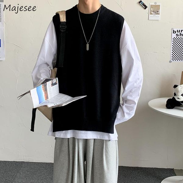 

men sweater vest autumn solid teenager loose split all-match sweaters couple cozy males elastic stylish sleeveless men's vests, Black;white