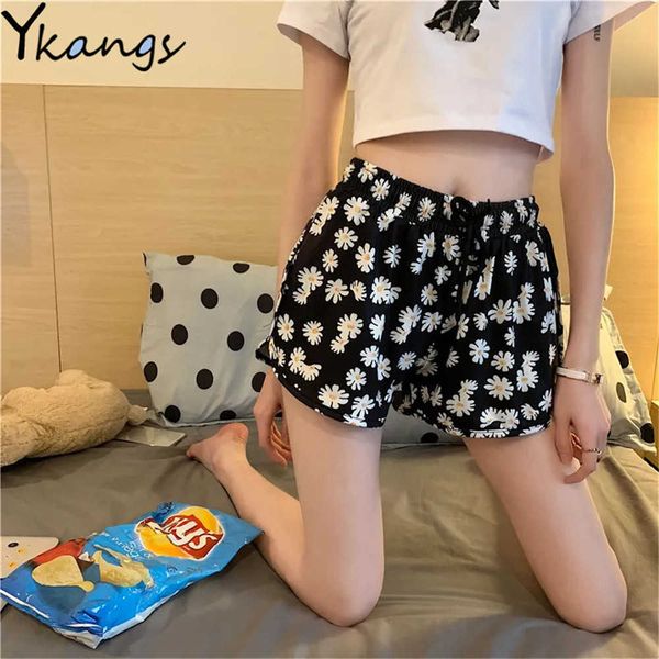 

daisies print sports shorts harajuku high waist plus size sports shorts women's casual drawstring summer loose shorts streetwear 210619, White;black