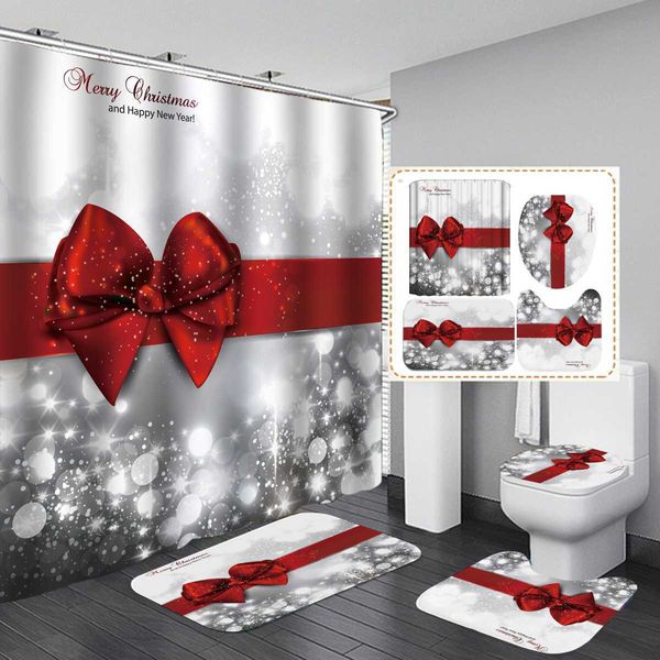 Weihnachten rote Schleife Knoten gedruckt 180x180cm Duschvorhang Sockel Teppich Deckel Toilettendeckel Matte rutschfeste Badematte Set Badezimmer 210609