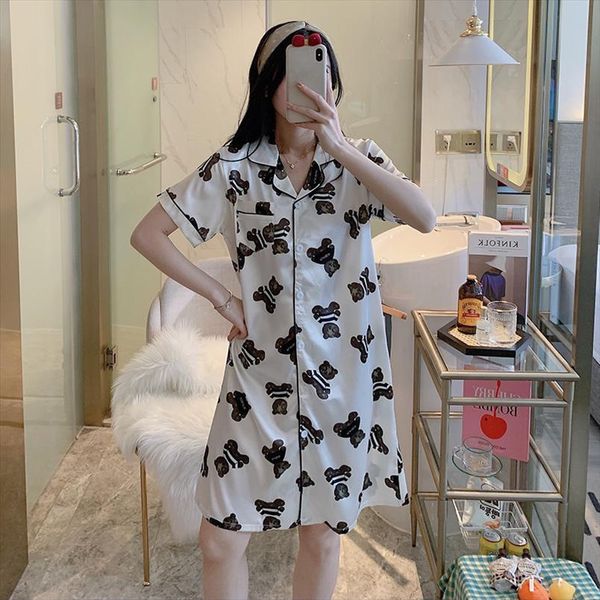 

summer nightwear printed bear women sleepwear nightgown loose sleepshirt short sleeve casual lapel nightdress home dressing gown, Black;red
