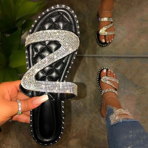 

sandals rhinestone slippers crystal slip-on women beach flat shoes bohemian style summer breathable footwear flip flops, Black