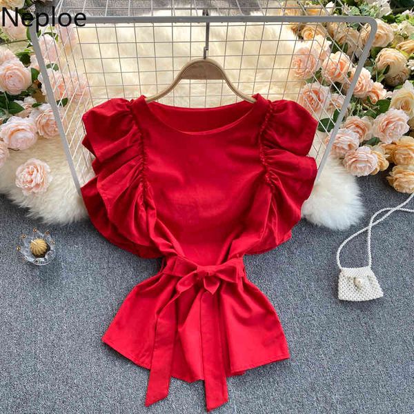 

neploe women's blouse korean summer fashion o neck white blouses high street ruffles sleeveless lace-up slim waist chiffon 210422