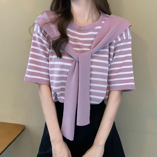 

women's t-shirt summer loose round neck fake two piece fashionable stripe design short sleeve, White