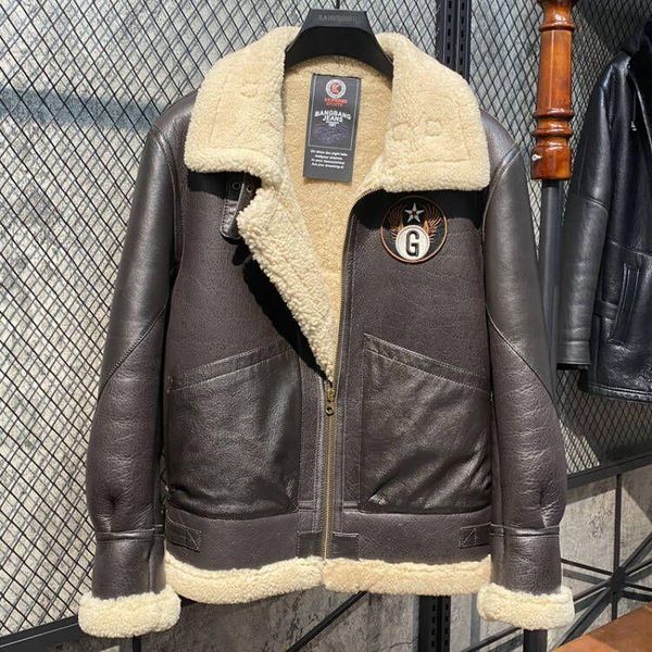 

men's leather & faux original sheepskin wool integrated genuine biker jacket winter thickened sheep shearling coat presale, Black