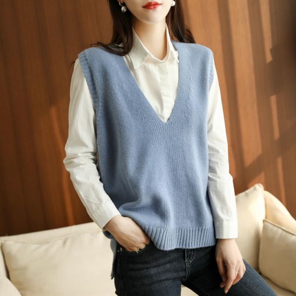 

women's vests ladies v-neck casual loose 100% wool vest pure color cashmere knitted sleeveless sweater regular jacket multicolor wholes, Black;white