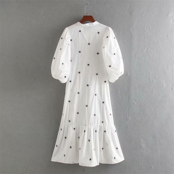 

2021 women vintage lantern sleeve flower embroidery midi shirtdress female hem pleats vestidos chic casual loose dresses ds3436, Black;gray