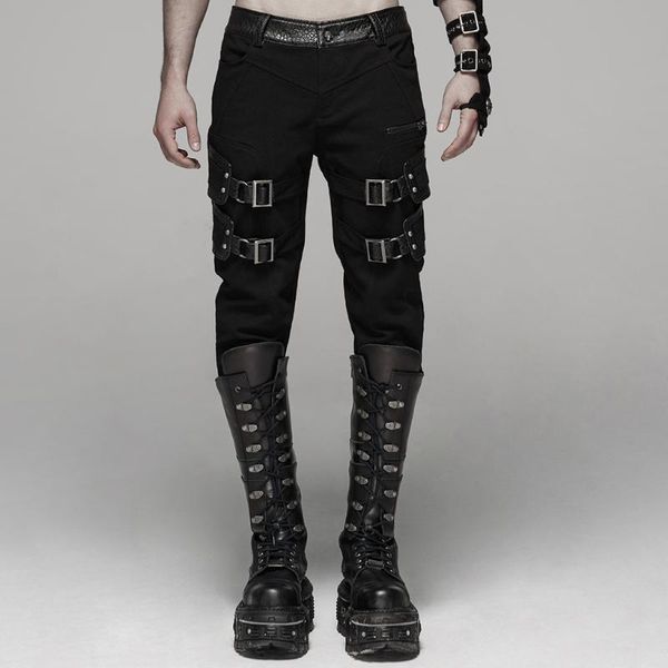 

gothic daily fashion motocycle streetwear goth pants men's punk rock handsome stretch twill long trousers men rave, Black