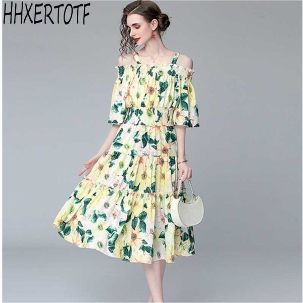 

summer spaghetti strap dres's slash neck camellia flower print ruffles beach dresses 210531, Black;gray