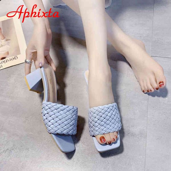 

aphixta 2021 new 5.5cm square heels slippers women rope lattice open toe women outside slides mujer elegant shoes k731, Black