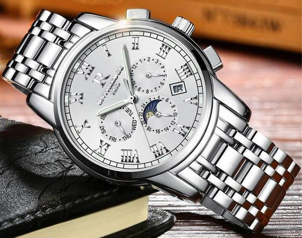 

wristwatches mens watches gold business automatic mechanical 316l stainless steel waterproof moon phase calendar ontheedge, Slivery;brown