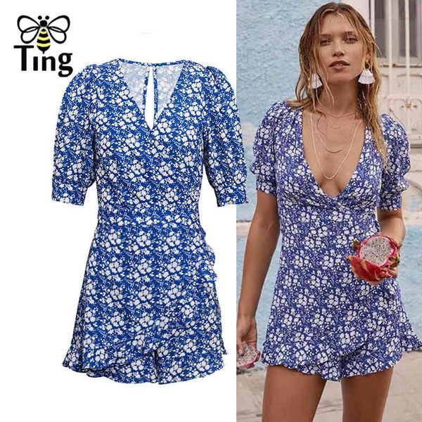 

designer floral print women playsuit romper ruffles female holiday jumpsuits spring summer beach boho ladies overalls 210513, Black;white