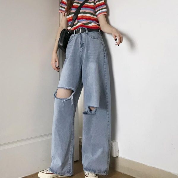 

women's jeans 2021 women ripped hole high waist female fashion casual loose wide leg denim pants girls vintage blue trousers xa88f