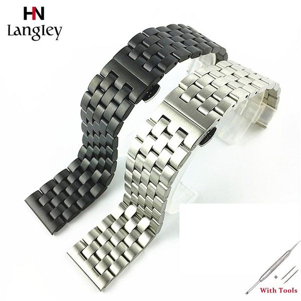 

watch bands full stainless steel watchband 18 19 20 21 22 24 26mm matte solid wristband butterfly buckle strap with tool, Black;brown