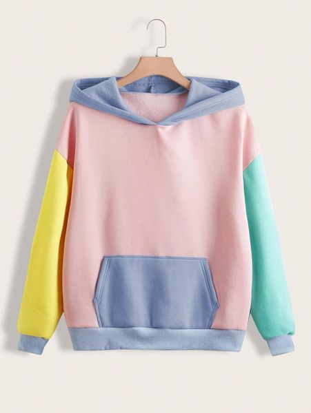 

plus colorblock drop shoulder thermal lined hoodie h7sb#, Black