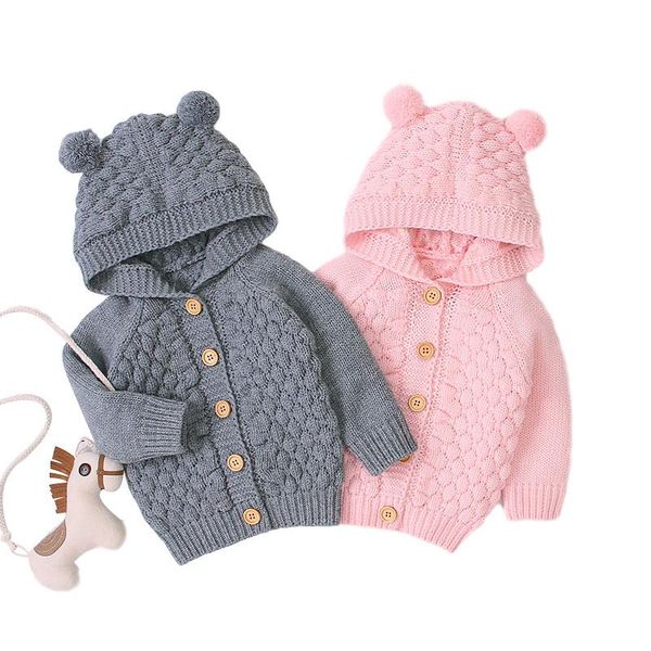 

pullover baby cardigan for boys autumn toddler infant cute pompom hooded knitted sweater girls solid color coats children' clothing, Blue
