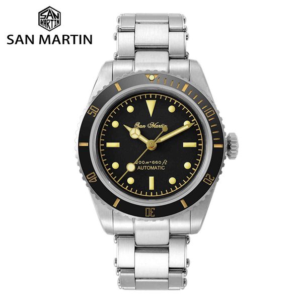 

san martin diver watch 6200 retro water ghost luxury sapphire nh35 men automatic mechanical watches 20bar waterproof luminous, Slivery;brown