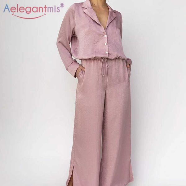 

aelegantmis 2 piece sets cozy thin long sleeve lace loose short shirts elastic high waist wide leg trouser soft split pants 210607, White