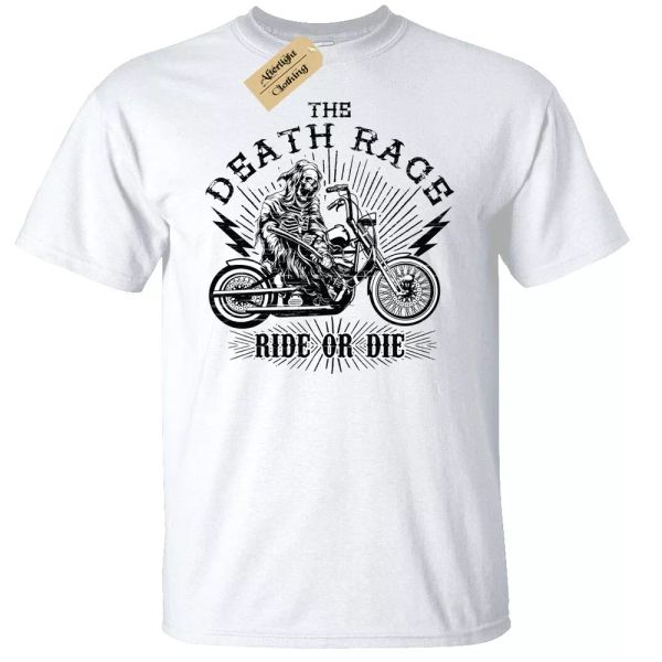 

death race shirt men's grim reaper ride or die biker who top, White;black