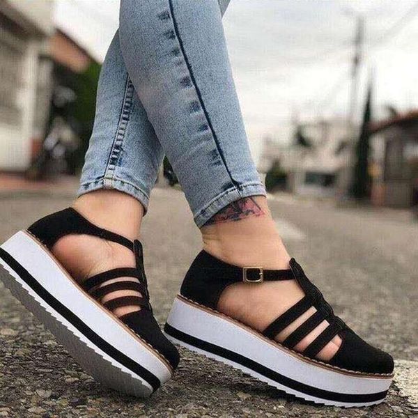 

dress shoes brand summer women sandals fashion buckle strap solid fringe cover heel flat platform casual ladies plus size, Black