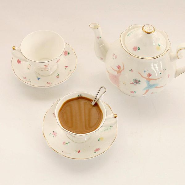 

mugs dancer cartoon printed european style bone china coffee & tea sets white ceramic mug teapot tray 5 pieces
