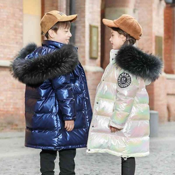 

children's down jacket girls' medium length 2021 new middle and big boys' korean version bright face large wool collar coat, Black