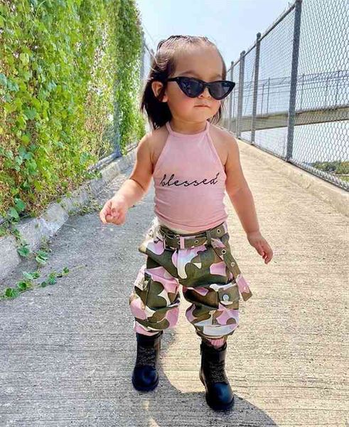 

girls 2pcs clothes set sleeveless letter printed high neck halter with camouflage printed long pants, White