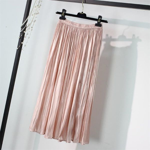 

6 colors available summer arrival jupe longue silky smooth pleated skirt big pendulum ladies skirts 210527, Black