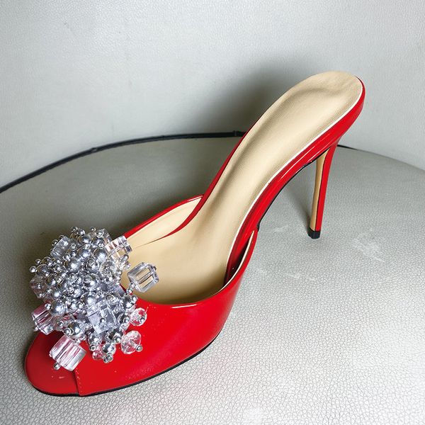 

2021 women ladies genuine real leather syiletto high heels summer sandals bead 3d flower flip-flops slipper slip-on wedding dress party shoe, Black