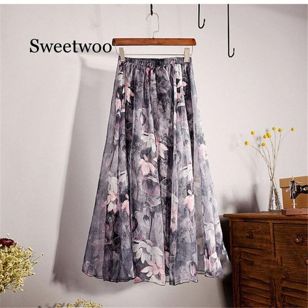 

skirts print summer 2021 women long skirt elegant chiffon beach bohemian maxi high waist tutu casual vestidos, Black