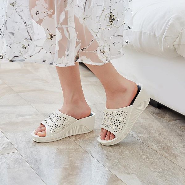 

women fashion slippers high-heeled platform non-slip sweet rhinestone female summe shoes crystal flower wedges ladies slides, Black
