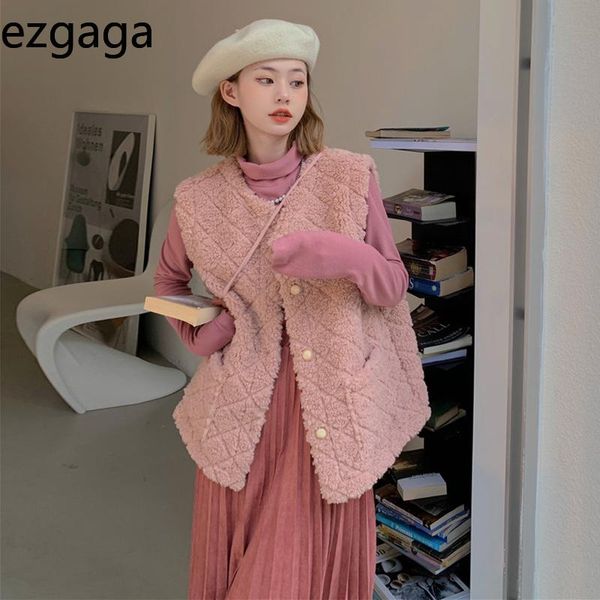 

women's vests ezgaga autumn winter women sweater vest lamb velvet loose outwear sleeveless cardigan solid pockets warm all-match fashio, Black;white