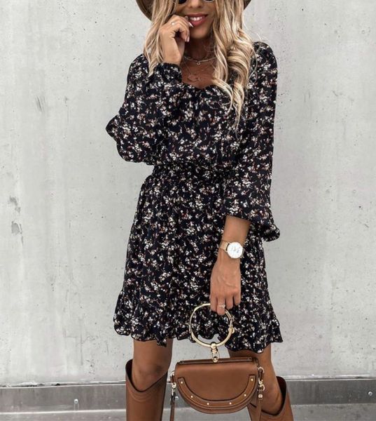 

casual dresses women ruffles floral print square collar dress 2021 autumn spring long sleeve a line slim female boho mini party, Black;gray