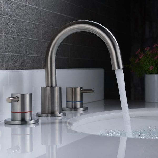 

brushed brass bathroom sink faucet three holes two handles basin mixer cold faucets