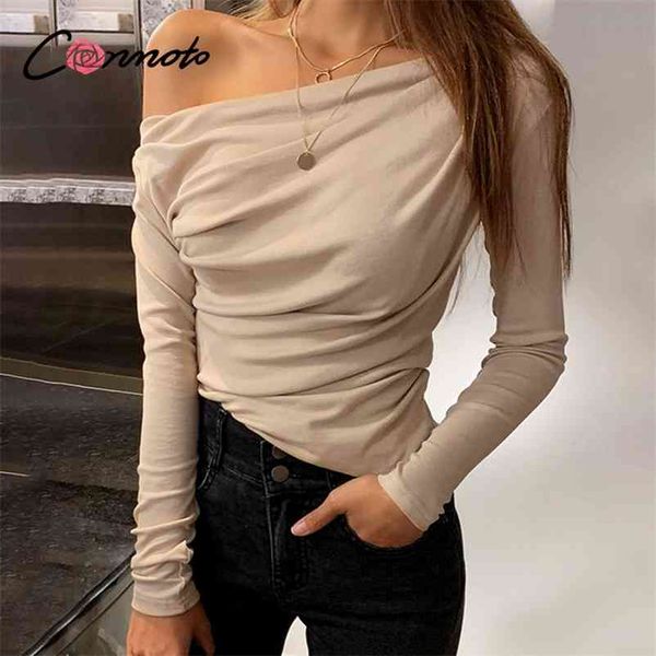 

conmoto casual oblique collar women knitted t-shirts long sleeve strapless female short solid slim flexible ladies 210401, White