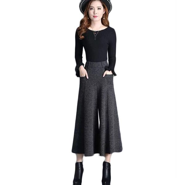 

women's pants & capris womens high waist wide-leg autumn winter casual woolen cropped trousers plus size thigh pantalones mujer 5xl, Black;white