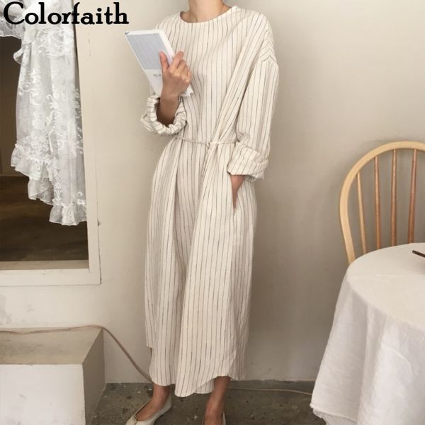 

colorfaith new 2021 spring summer women dresses sashes straight prairie chic elegant striped midi ankle-length female dr1695 x0521, Black;gray
