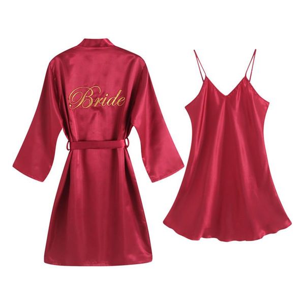 

women's sleepwear bride bridesmaid wedding robe embroidery kimono bathrobe gown nightgown casual satin short women nightwear, Black;red