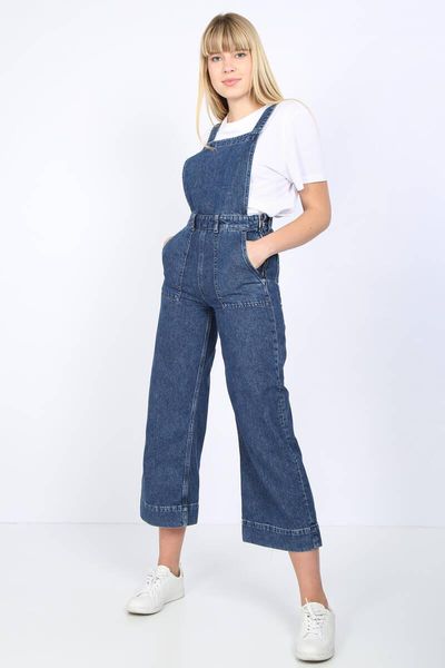 

women's pants & capris dark blue big pockets jean jumpsuit, Black;white