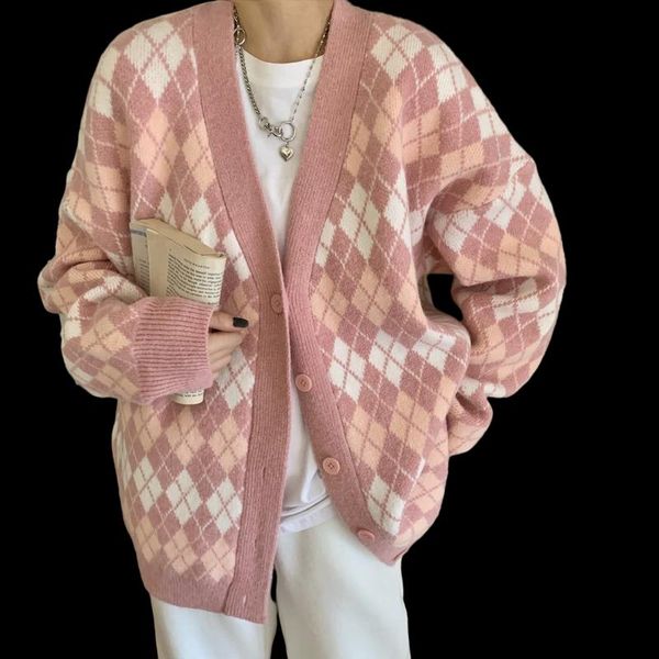 

women's knits & tees ladies cardigans long sleeve knitted argyle sweater women korean pink vest sweaters female jumpers cardigan jacket, White