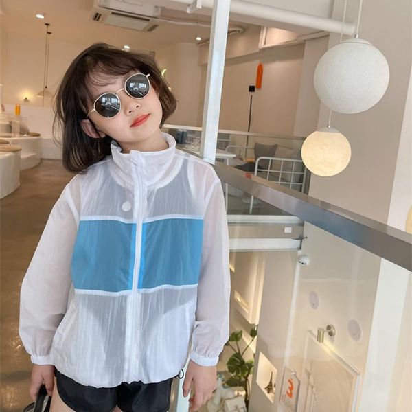 

childrens summer breathable sunscreen clothes boys and girls color contrast air conditioning zipper shirt jackets, Blue;gray